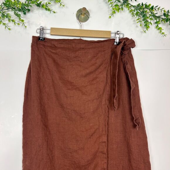MNG Mango Midi Skirt Linen wrap Large Brown  Curved Tie Front Pencil Minimal L - Picture 16 of 16